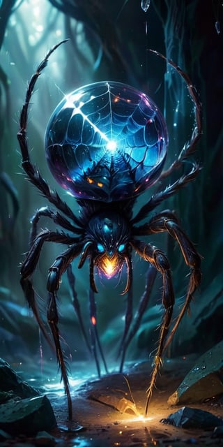 A colossal, crystalline entity resembling a twisted spider pulsates with an inner light. Its legs, formed from razor-sharp crystals, pierce the ground, and its multifaceted eyes gleam with an intelligence both alien and unsettling.
