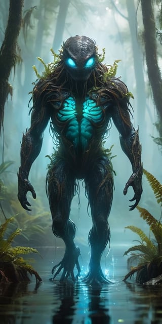 A monstrous, amphibious creature with bioluminescent markings emerges from a fog-shrouded swamp. Its webbed fingers leave glowing trails on the damp vegetation, and its croaking calls echo through the dense foliage, both a warning and a lure.
