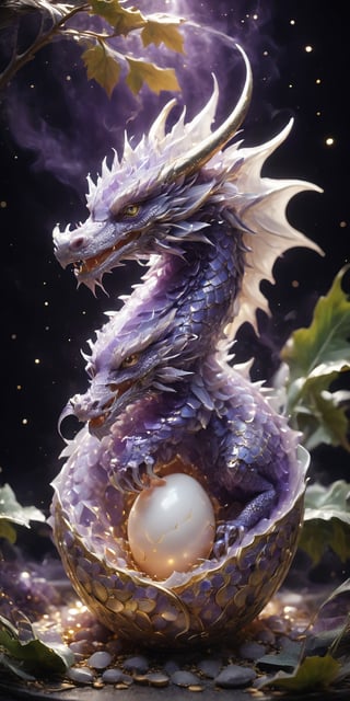 Create a close-up image of a baby amethyst dragon hatching from its egg. Capture the drama of the moment with intricate cracks spreading across the egg's surface, revealing the violet scales of the dragon beneath. Include shimmering dust particles swirling around the eggshell, and depict a gentle breeze rustling nearby leaves, creating a sense of anticipation as the new life emerges.
