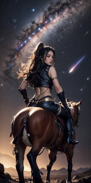 Comet rider: Mounted on the back of a comet, she rides through the galaxy with wild abandon, a free spirit among the stars.
