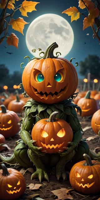 A baby pumpkin monster with a friendly grin, sitting in a pumpkin patch under a full moon. The monster has glowing eyes and leafy vines for hair. Jack-o'-lanterns with silly faces are scattered around the pumpkin patch.
