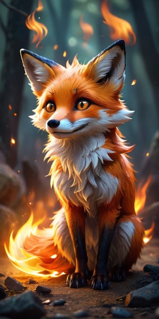 A mischievous fire spirit, resembling a playful fox, dances amongst flickering flames. Its fur crackles with embers, and its eyes glow with the warmth of the fire.
 
