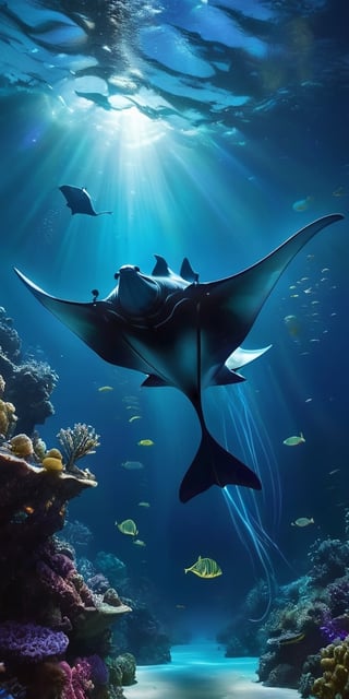 A colossal manta ray soars through the bioluminescent depths of the ocean. Glowing plankton trails in its wake, illuminating the strange and fantastical creatures that dance around it.
