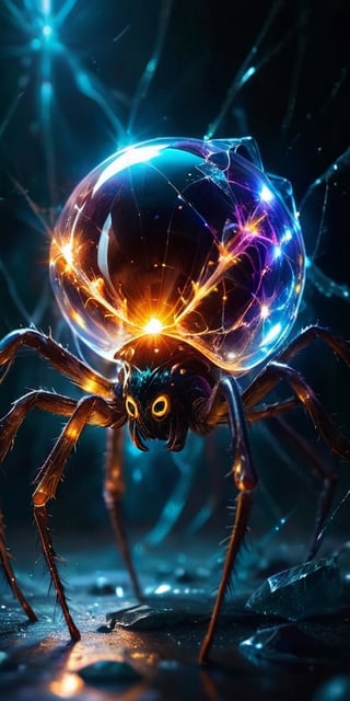 A colossal, crystalline entity resembling a twisted spider pulsates with an inner light. Its legs, formed from razor-sharp crystals, pierce the ground, and its multifaceted eyes gleam with an intelligence both alien and unsettling.
