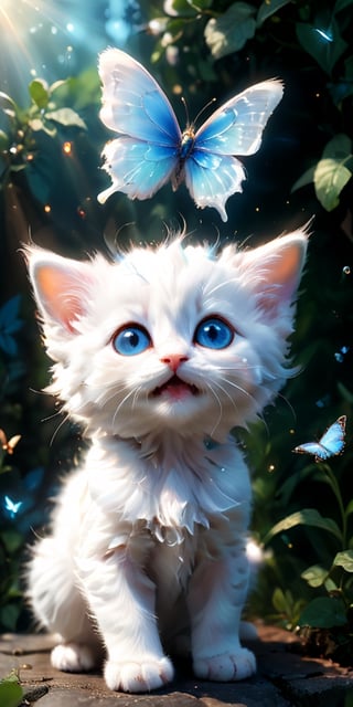 close-up portrait of a fluffy white kitten gazing upwards with wide, curious eyes. A butterfly with wings of iridescent blue flutters just above the kitten's head, its delicate form reflected in the kitten's shiny pupils. The image captures the innocence and wonder of the kitten as it experiences the beauty of the natural world.
 
