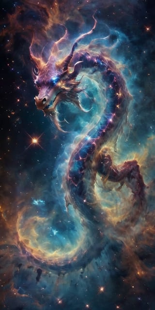 A celestial dragon, its body a tapestry of cosmic colors, adorned with glowing constellations that seem to dance across its scales. It coils around a glowing comet, its serpentine form framed by the vastness of space, with distant galaxies and nebulae painting a breathtaking backdrop.
