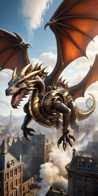 A colossal clockwork dragon, its brass gears and pistons whirring to life, takes flight above a steampunk cityscape. Steam billows from its vents, and its metallic wings cast long shadows on the cobblestone streets below.
