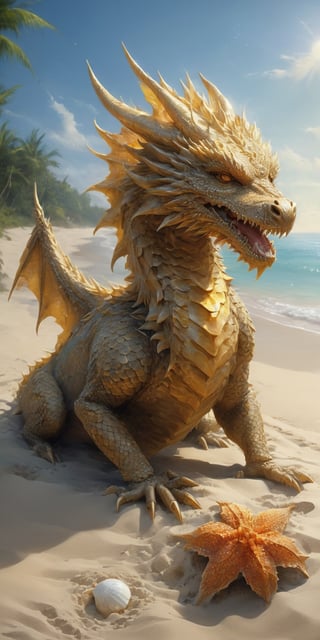 Craft a digital painting of a baby sand dragon basking on a sun-drenched beach. Give its scales a textured, sandy appearance, with hints of seashells and coral fragments embedded within. Depict the dragon playfully digging in the sand, leaving trails of tiny footprints, and let gentle waves lap at the shore, creating a sense of serenity.

