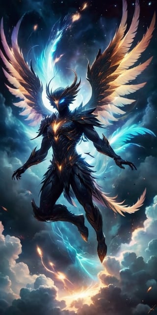  A pack of winged humanoids with shimmering feathers and razor-sharp talons soar through a celestial storm. Their forms crackle with electrical energy, and their eyes glow with an otherworldly power as they navigate the swirling clouds of gas and plasma.
