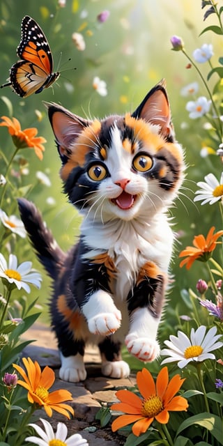 A playful scene of a calico kitten, its fur a patchwork of black, white, and orange, batting at a butterfly with its tiny paws. The butterfly, seemingly unfazed, flits around the kitten, leading it on a merry chase through a bed of blooming wildflowers. The image is a heartwarming portrayal of youthful curiosity and the joy of exploration.
