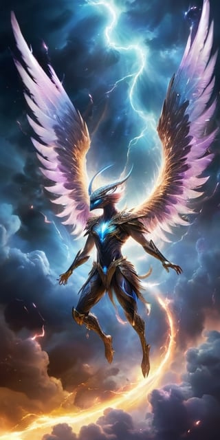  A pack of winged humanoids with shimmering feathers and razor-sharp talons soar through a celestial storm. Their forms crackle with electrical energy, and their eyes glow with an otherworldly power as they navigate the swirling clouds of gas and plasma.
