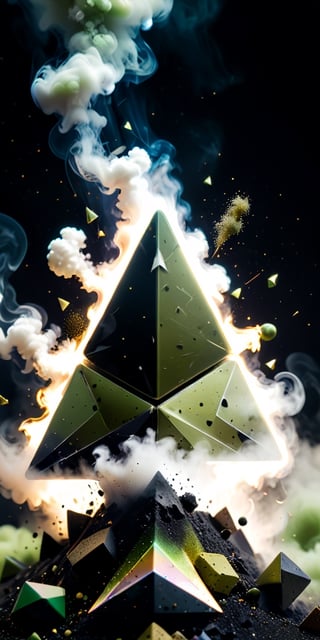 close up angle of (( on the smoke), (Olive Drab, black, white colour triangle dust),()detailed focus, deep bokeh, beautiful, , dark cosmic background. Visually delightful , 3D,ULTIMATE LOGO MAKER [XL],more detail XL