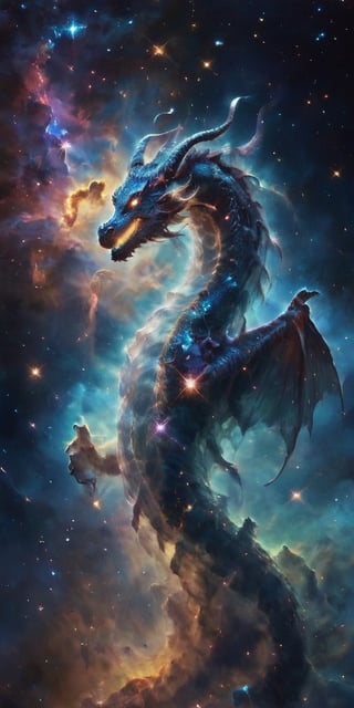 A celestial dragon, its body a tapestry of cosmic colors, adorned with glowing constellations that seem to dance across its scales. It coils around a glowing comet, its serpentine form framed by the vastness of space, with distant galaxies and nebulae painting a breathtaking backdrop.
