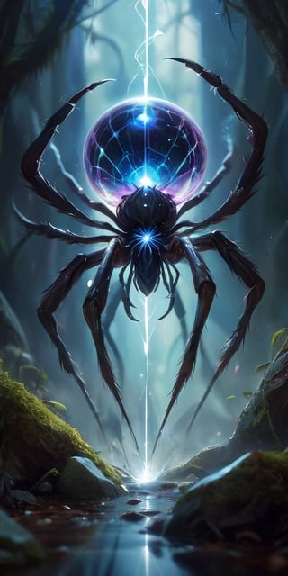 A colossal, crystalline entity resembling a twisted spider pulsates with an inner light. Its legs, formed from razor-sharp crystals, pierce the ground, and its multifaceted eyes gleam with an intelligence both alien and unsettling.
