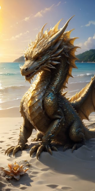 Craft a digital painting of a baby sand dragon basking on a sun-drenched beach. Give its scales a textured, sandy appearance, with hints of seashells and coral fragments embedded within. Depict the dragon playfully digging in the sand, leaving trails of tiny footprints, and let gentle waves lap at the shore, creating a sense of serenity.
, 