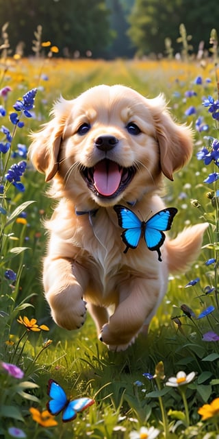 A fluffy golden retriever puppy, no bigger than a teacup, playfully chases a vibrant blue morpho butterfly through a field of wildflowers. The puppy's tongue lolls out in excitement, and its short legs pump as it bounces through the colorful meadow.
 
