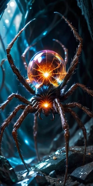 A colossal, crystalline entity resembling a twisted spider pulsates with an inner light. Its legs, formed from razor-sharp crystals, pierce the ground, and its multifaceted eyes gleam with an intelligence both alien and unsettling.
