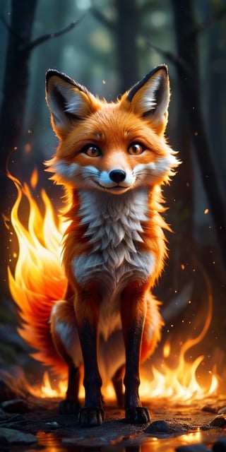 A mischievous fire spirit, resembling a playful fox, dances amongst flickering flames. Its fur crackles with embers, and its eyes glow with the warmth of the fire.
 
