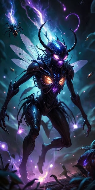 The Voidfiend Swarm A swarm of small, insect-like creatures skitters across the void. Their bodies are translucent, revealing pulsating organs within. Each creature has multiple sets of mandibles that click incessantly, emitting a chilling sound that reverberates through the vacuum of space.
