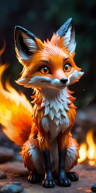 A mischievous fire spirit, resembling a playful fox, dances amongst flickering flames. Its fur crackles with embers, and its eyes glow with the warmth of the fire.
 
