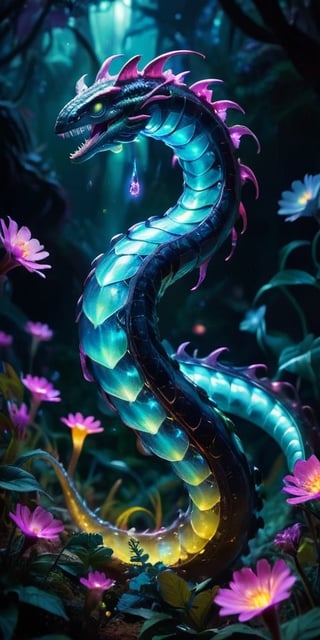 A colossal, serpentine creature with iridescent scales and glowing spines undulates through a field of bioluminescent flowers on an alien planet. Its forked tongue flickers as it samples the exotic flora, its bioluminescence pulsing in sync with the flowers' rhythmic glow.
