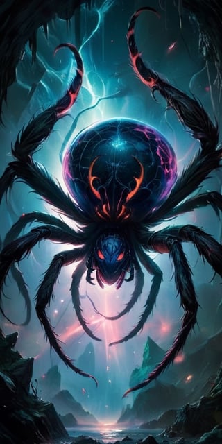 The Rift Spawns In the depths of an interstellar rift, where reality frays, monstrous beings emerge. Picture a creature with the body of a colossal spider, its hairy legs ending in sharp, hooked claws. Its bloated abdomen pulses with a sickly glow, revealing a multitude of eyes that fixate on its prey with an insatiable hunger.
