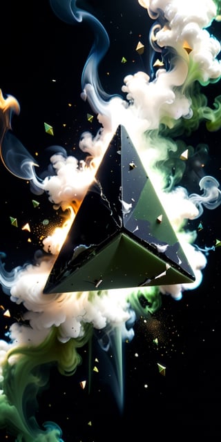 close up angle of (( on the smoke), (Olive Drab, black, white colour triangle dust),()detailed focus, deep bokeh, beautiful, , dark cosmic background. Visually delightful , 3D,ULTIMATE LOGO MAKER [XL],more detail XL