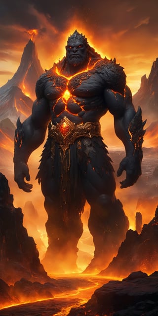 A colossal stone giant, its weathered features adorned with golden jewels, stands guard over a hidden city nestled within a volcano. Molten lava flows around its base, casting an orange glow on the city's obsidian towers.
 
