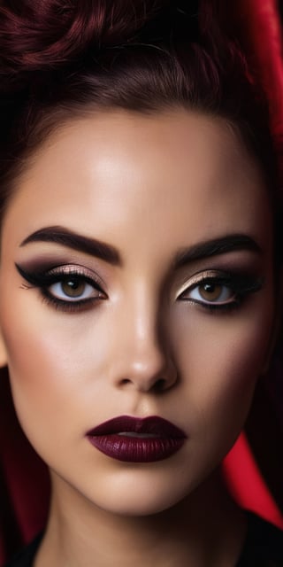 A close-up portrait of a woman with dramatic, theatrical makeup. Her eyes are bold and expressive, framed by thick lashes and dark eyeshadow. The background is a deep red velvet curtain.
