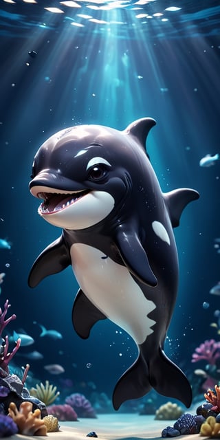 close up angle of, cut body, ((),(3d killer whale )) surrounded by underwater,( )  ,animal, detailed focus, deep bokeh, beautiful, , dark cosmic background. Visually delightful , 3D,more detail XL,chibi