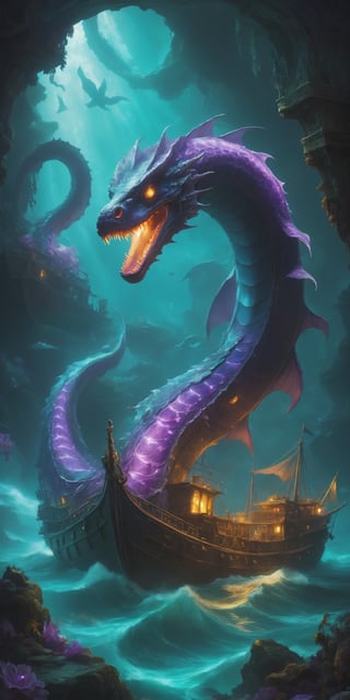 A luminescent sea serpent with scales that shimmer like amethysts coils around a sunken galleon, its bioluminescent light illuminating the treasures within. Ghostly pirates peer out from portholes, their expressions a mix of awe and fear.
