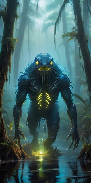 A monstrous, amphibious creature with bioluminescent markings emerges from a fog-shrouded swamp. Its webbed fingers leave glowing trails on the damp vegetation, and its croaking calls echo through the dense foliage, both a warning and a lure.
