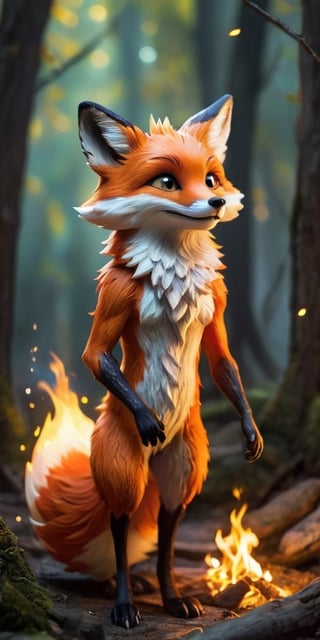 A mischievous fire spirit, resembling a playful fox, dances amongst flickering flames. Its fur crackles with embers, and its eyes glow with the warmth of the fire.
 
