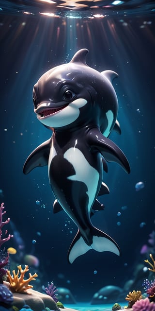 close up angle of, cut body, ((),(3d killer whale )) surrounded by underwater,( )  ,animal, detailed focus, deep bokeh, beautiful, , dark cosmic background. Visually delightful , 3D,more detail XL,chibi