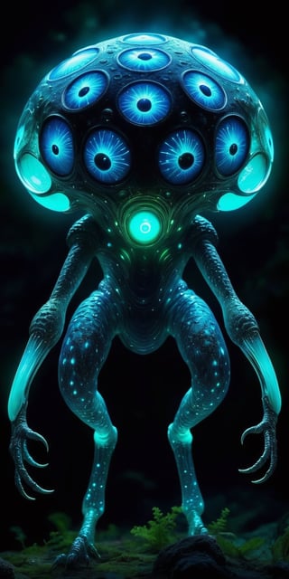 A creature with a body covered in bioluminescent markings that glow in the dark. It has a large, bulbous head with multiple eyes that can see in all directions, and it communicates with a series of clicks and whistles.
