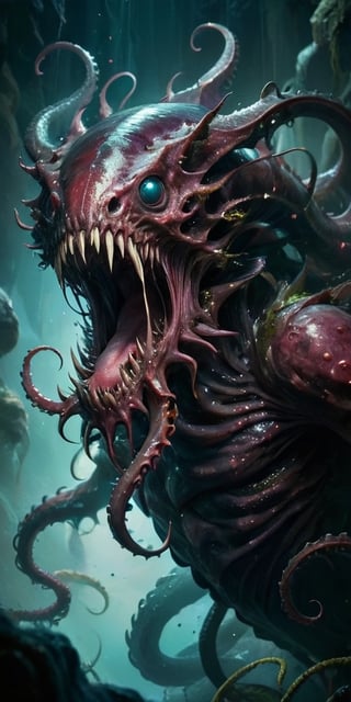 The Abyssal Devourer In the depths of a forgotten abyss, a monstrous entity lurks. It possesses a serpentine body that undulates sinuously, covered in slimy, translucent flesh. Its many eyes glow with a malevolent intelligence, and its gaping maw is lined with rows of needle-like teeth. Tentacles, each tipped with a bony barb, writhe around its form, ready to ensnare any who draw near.
