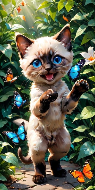  mischievous Siamese kitten, its bright blue eyes sparkling with amusement, stalks a butterfly with playful intent. The butterfly, a burst of orange and black against the green leaves, flits from flower to flower, just out of reach of the kitten's pouncing paws. The scene is filled with the energy of the chase, a delightful dance between predator and prey.
 
