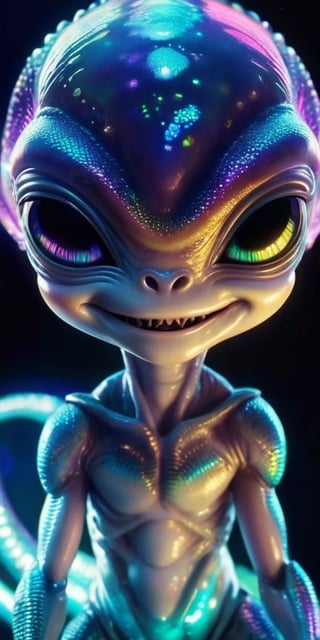 An alien infant with skin that is covered in tiny, iridescent scales that shimmer in the light. It has a mouth that stretches into a wide, toothy grin, revealing rows of tiny, sharp teeth. Its eyes are large and expressive, and they seem to twinkle with intelligence.
, 