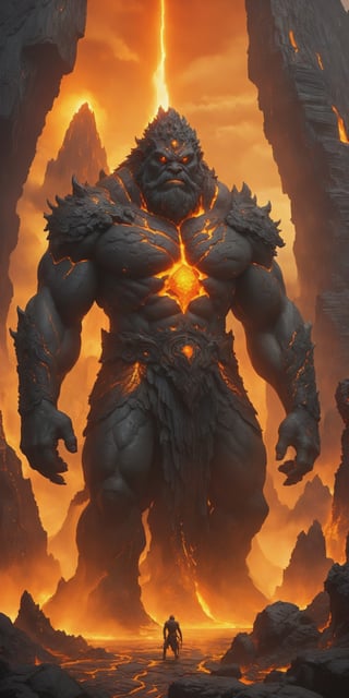 A colossal stone giant, its weathered features adorned with golden jewels, stands guard over a hidden city nestled within a volcano. Molten lava flows around its base, casting an orange glow on the city's obsidian towers.
 
