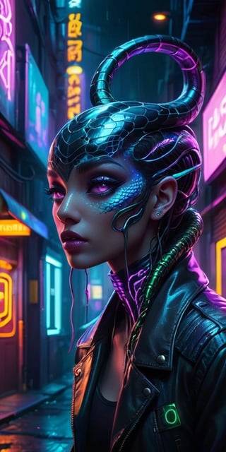 A serpentine creature with iridescent scales slithers through a neon-lit cyberpunk alleyway. Its forked tongue flickers with electric energy, and its eyes glow with an otherworldly intelligence.
