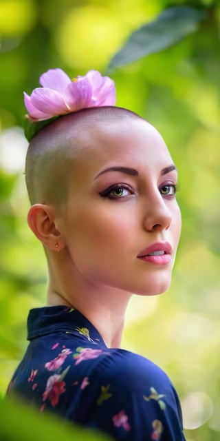 A close-up portrait of a woman with a half-shaved head and a blooming flower tucked behind her ear. Her eyes are filled with peace and serenity. The background is a lush green forest with sunlight dappling through the leaves.
