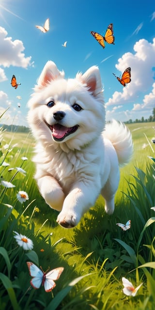 A panoramic image of a vast green meadow, with a fluffy white Samoyed puppy frolicking in the tall grass. The puppy playfully chases a swarm of butterflies, their colorful wings creating a mesmerizing blur against the blue summer sky.
