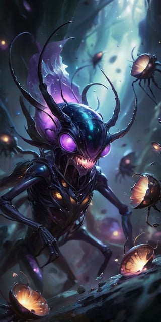 The Voidfiend Swarm A swarm of small, insect-like creatures skitters across the void. Their bodies are translucent, revealing pulsating organs within. Each creature has multiple sets of mandibles that click incessantly, emitting a chilling sound that reverberates through the vacuum of space.
