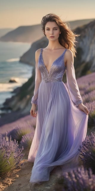 Standing on a cliff overlooking a field of blooming lavender, a woman with eyes like sapphires breathes in the scent of the flowers. Her hair, a cascade of lavender and silver, falls in gentle waves around her shoulders, and she wears a gown of pale lavender silk that seems to glow in the sunlight.

