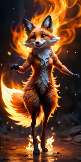 A mischievous fire spirit, resembling a playful fox, dances amongst flickering flames. Its fur crackles with embers, and its eyes glow with the warmth of the fire.
 
