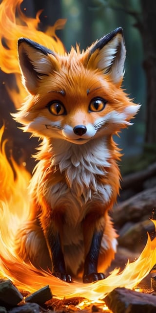 A mischievous fire spirit, resembling a playful fox, dances amongst flickering flames. Its fur crackles with embers, and its eyes glow with the warmth of the fire.
 
