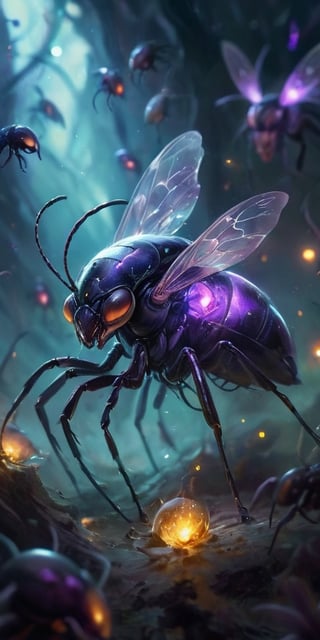 The Voidfiend Swarm A swarm of small, insect-like creatures skitters across the void. Their bodies are translucent, revealing pulsating organs within. Each creature has multiple sets of mandibles that click incessantly, emitting a chilling sound that reverberates through the vacuum of space.
