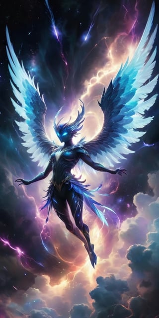  A pack of winged humanoids with shimmering feathers and razor-sharp talons soar through a celestial storm. Their forms crackle with electrical energy, and their eyes glow with an otherworldly power as they navigate the swirling clouds of gas and plasma.
