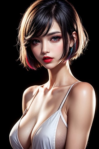 1girl, solo, upper body, looking at viewer, white background, bob cut, short hair, multicolored hair, makeup, parted lips, red lips, eyeliner,