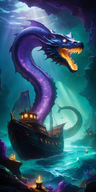 A luminescent sea serpent with scales that shimmer like amethysts coils around a sunken galleon, its bioluminescent light illuminating the treasures within. Ghostly pirates peer out from portholes, their expressions a mix of awe and fear.
